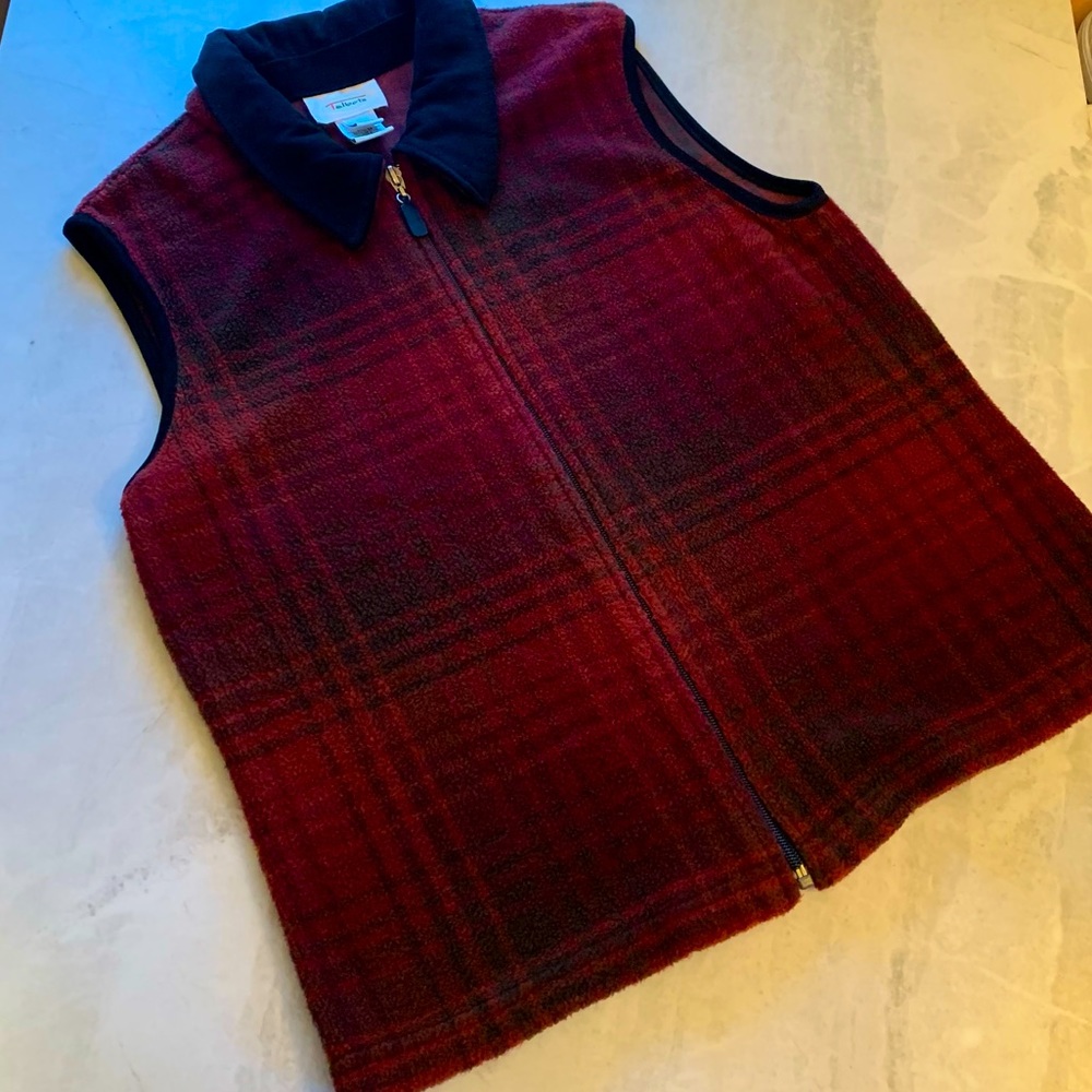 Talbots Fleece Plaid Zip Up Vest with Velvet Collar